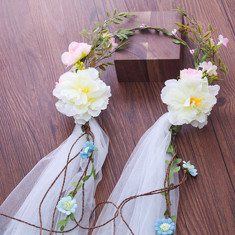 超仙新娘头饰花环头纱韩式森女系公主花朵婚纱结婚礼影楼造型饰品