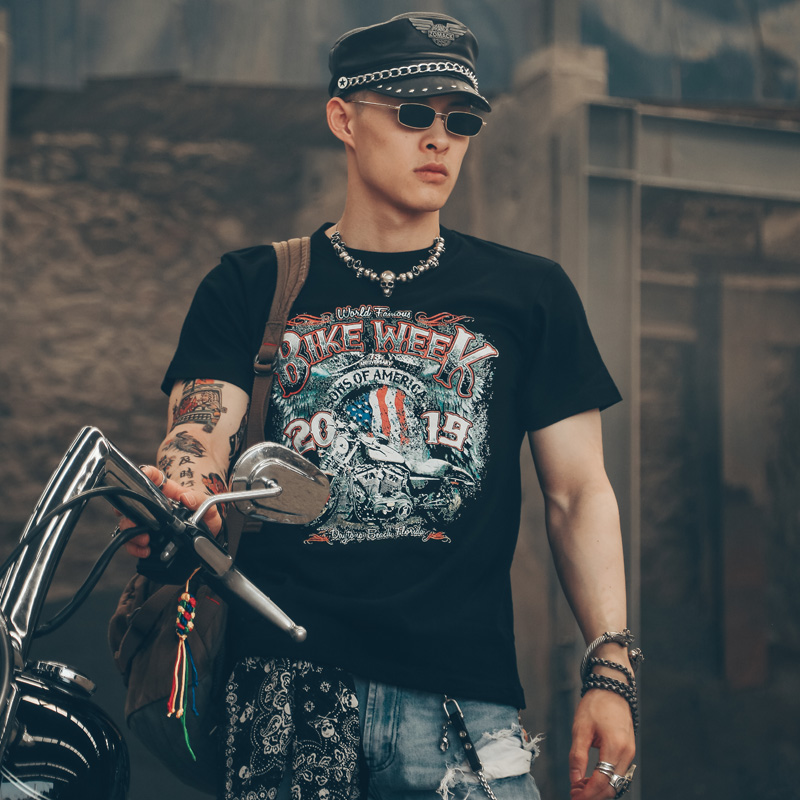 美式复古机车印花短袖重水洗做旧古着潮流t恤男潮牌港风宽松街头