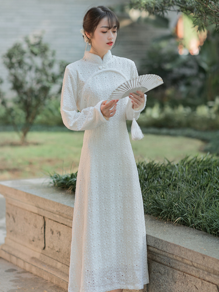 浅雪复古秋冬长裙白色文艺国风民国少女旗袍旗袍