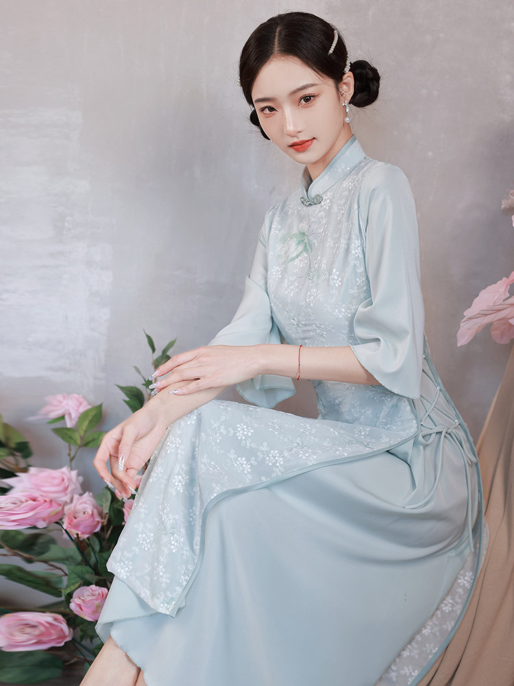 高端奥黛改良旗袍2022年夏季年轻款少女中国风禅意茶服仙气连衣裙