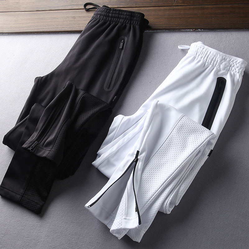 外贸尾单春秋运动长裤男士脚口拉链网眼拼接拉绒运动休闲卫裤长裤