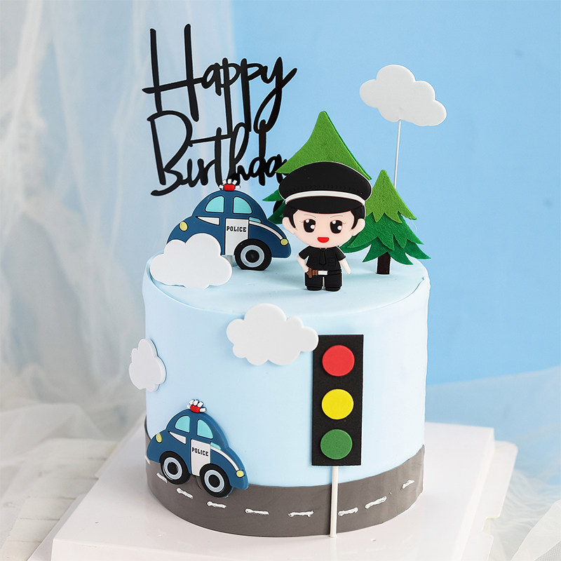 儿童生日蛋糕男孩特警警车软胶摆件蛋糕甜品派对节日装扮用品