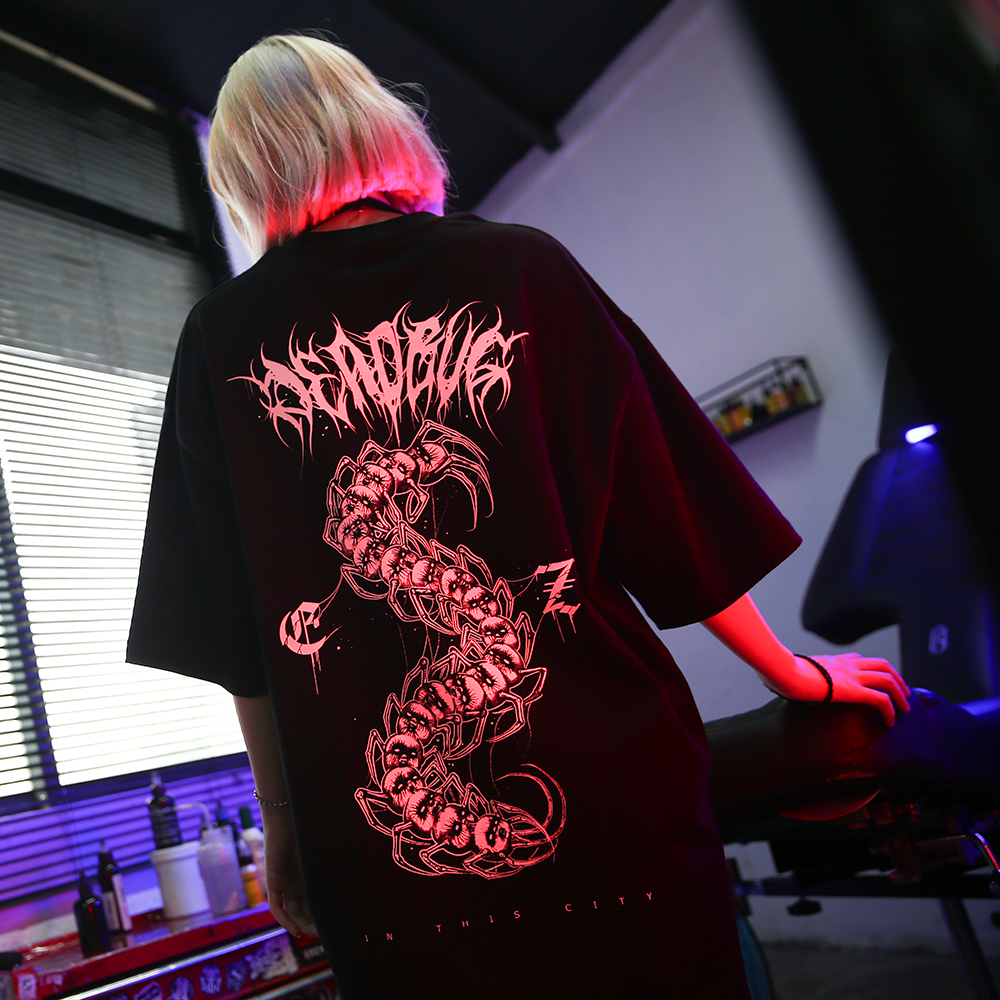 雙頭燕EKHLAS 纹身师ARCS联名刺青暗黑朋克恶婴蜈蚣摇滚男女T恤