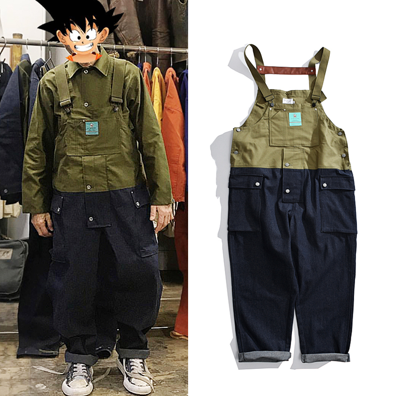 日系连体宽松老爹裤ins网红吊带牛仔裤子拼色工装背带裤男女潮牌