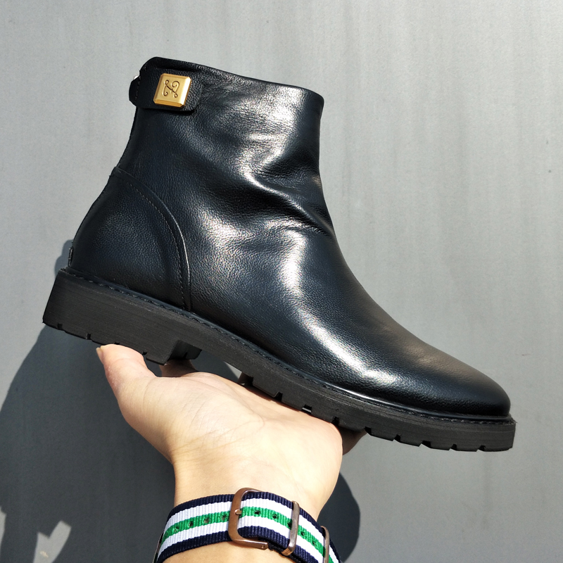 英伦风格秋冬新款男靴子牛皮短靴拉链真皮高帮皮鞋男潮男骑士靴
