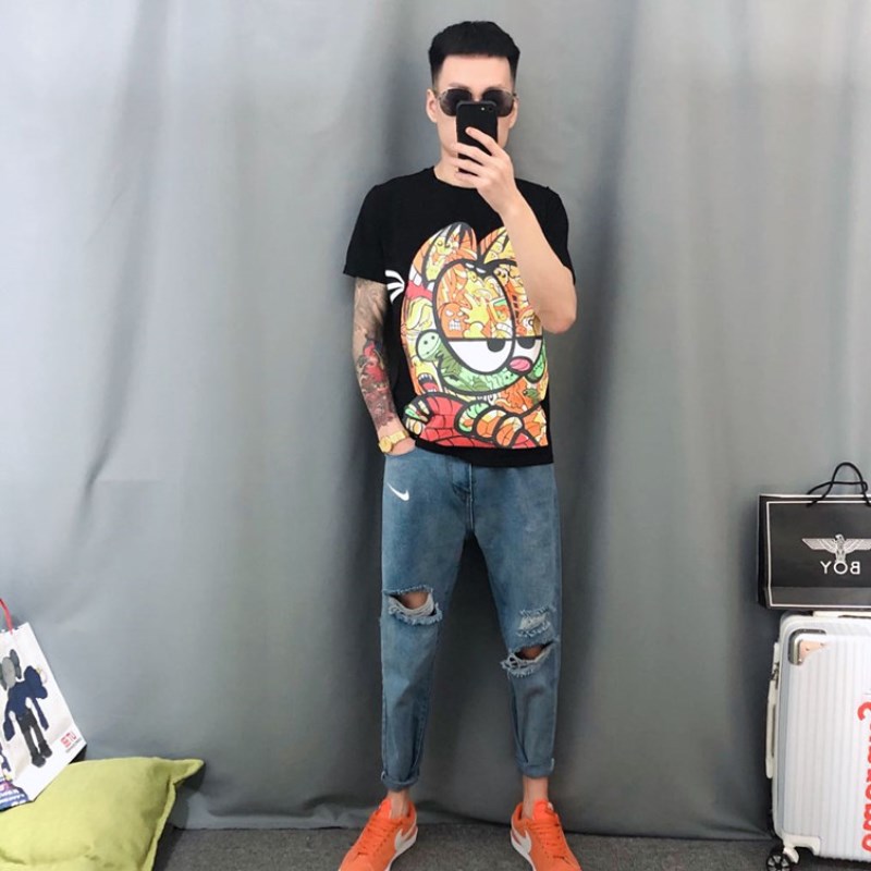 男士短袖T恤韩版修身ins潮流痞帅网红小衫加菲猫印花社会小伙半袖