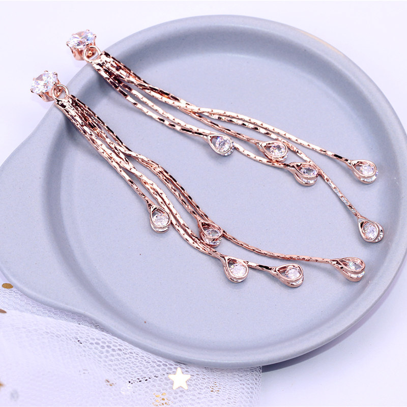 优雅水滴流苏耳钉银针长款无耳洞耳可调松紧耳夹