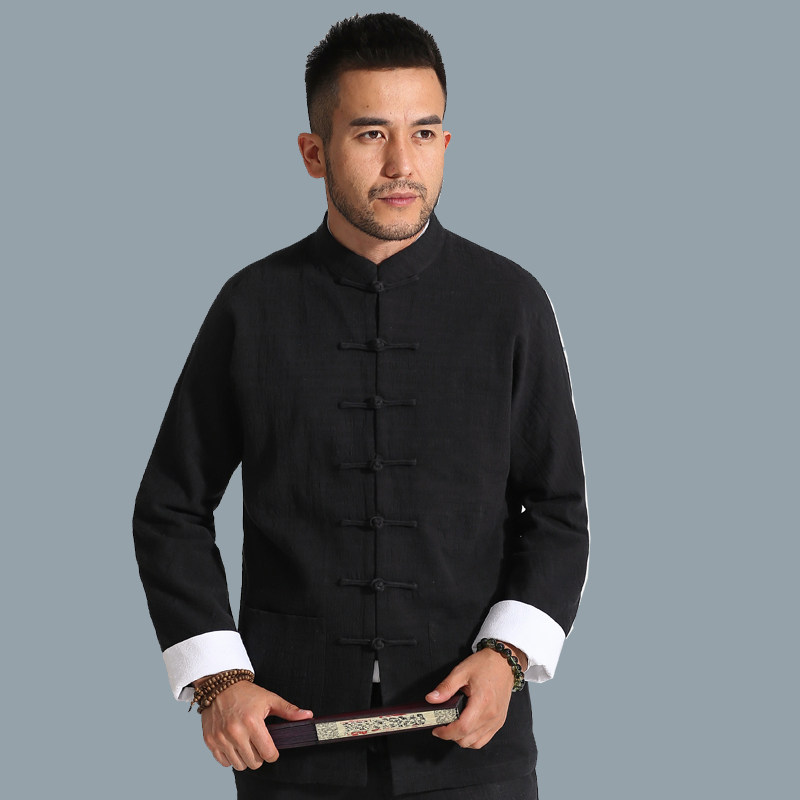 长袖春秋唐装外套麻白袖口中国国风中老年男装民族服装