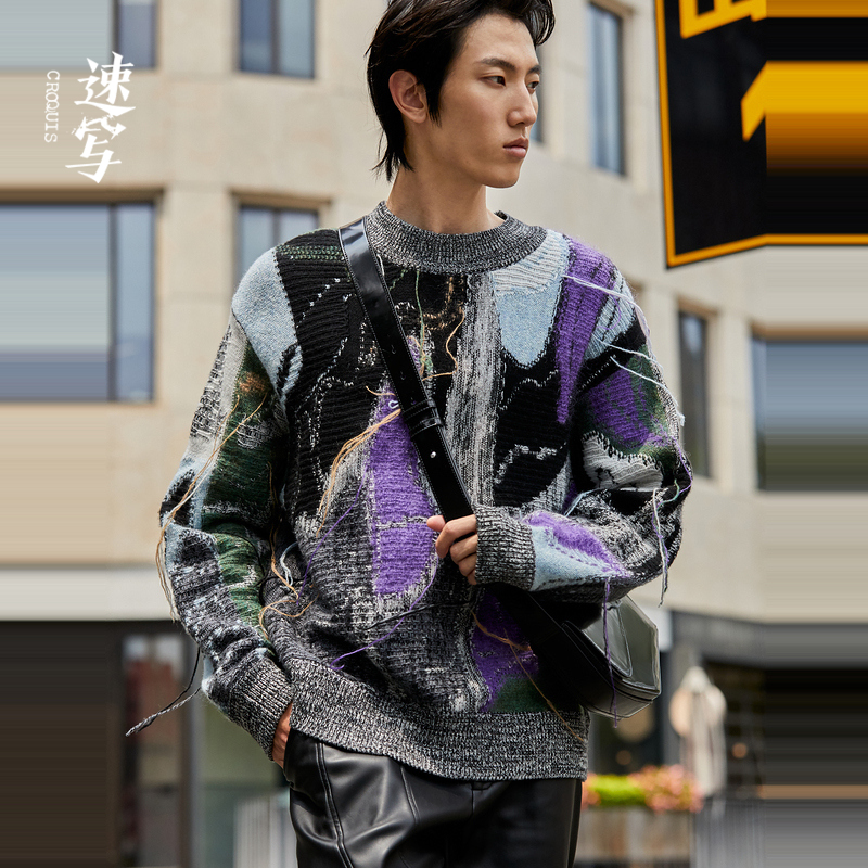 速写男装秋冬季折扣新款针织衫毛衣男撞色拼接流苏时髦设计毛衫