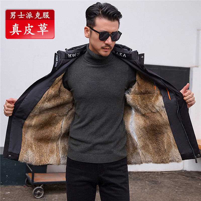 2022新男士派克服兔毛内胆可拆卸中短款青根貂真皮草外套休闲反季
