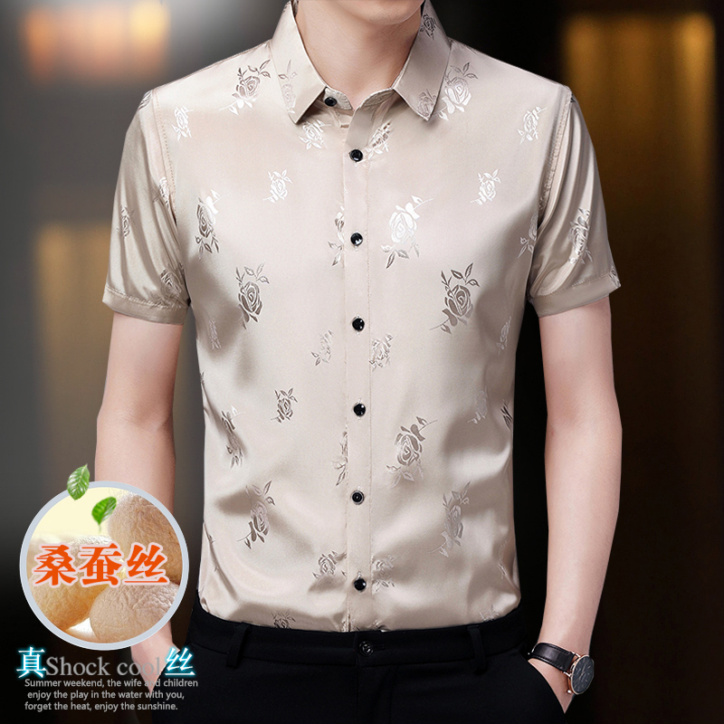 杭州真丝绸缎面衬衫男士短袖 夏 100重磅桑蚕丝半袖玫瑰提花衬衫