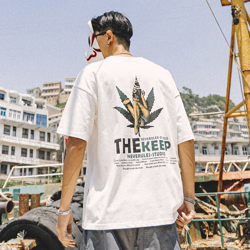 辰未夏季新款圆领短袖男潮牌枫叶图案印花T恤衫港风宽松潮流上衣