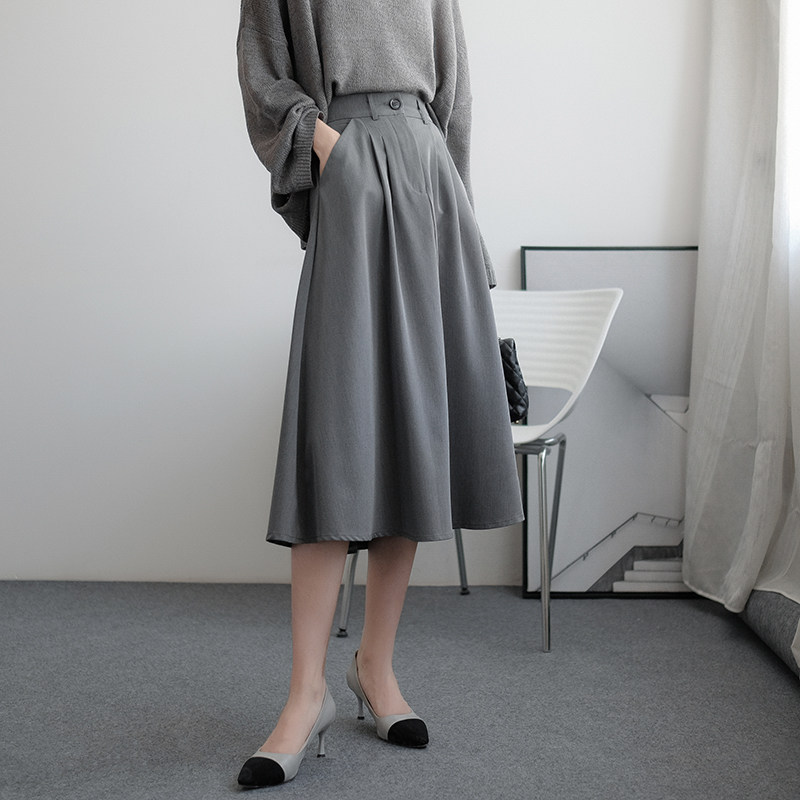 赫本风高腰a字显瘦裙子休闲伞裙春秋女半身裙夏长裙工装中长款 - 浅影