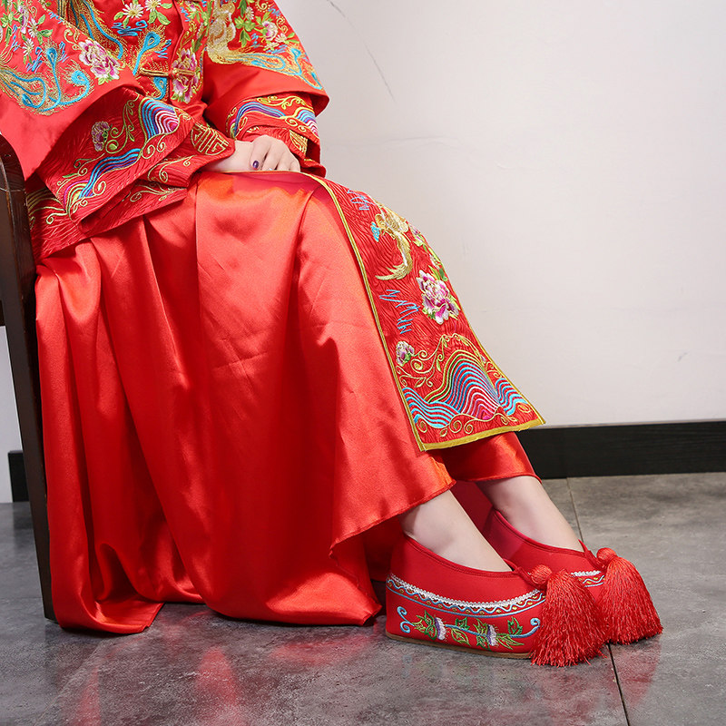 秀禾服结婚鞋内增高跟鞋中式新娘鞋红色绣花鞋女鞋子布鞋花旦彩鞋