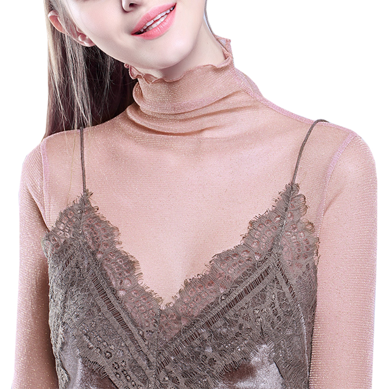 性感高领蕾丝上衣亮丝透明网纱打底衫内搭透视薄沙t恤女长袖秋装