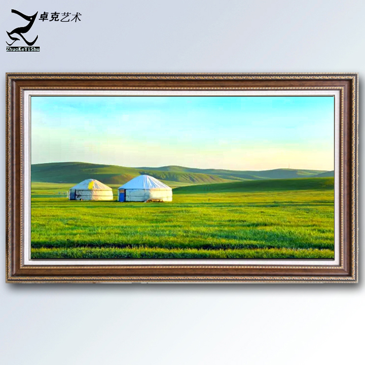 手绘中式客厅装饰画背景墙风水油画横版蒙古草原风景1
