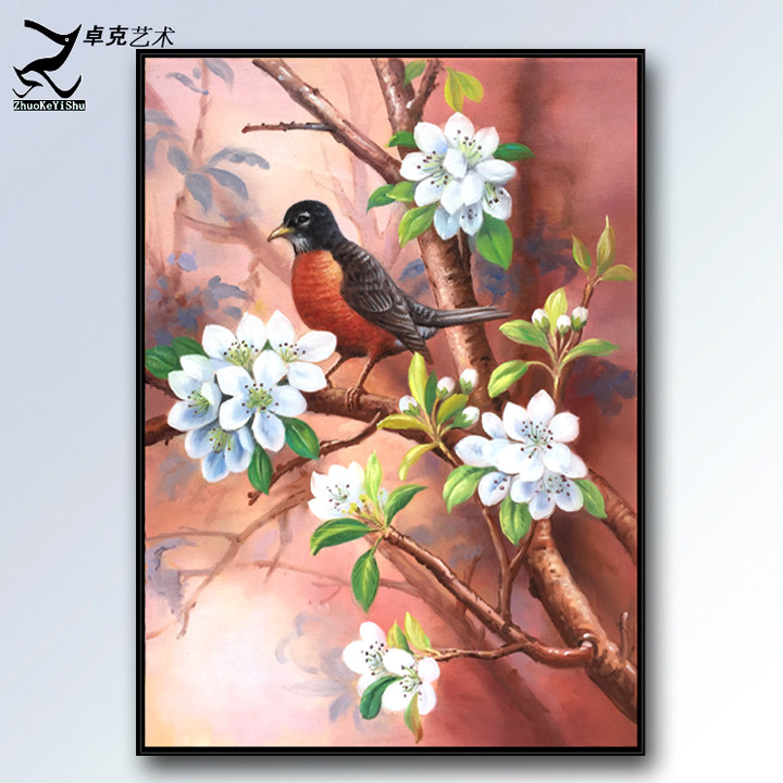 手绘工笔喜鹊装饰画中式现代简约挂画客厅玄关花鸟油画