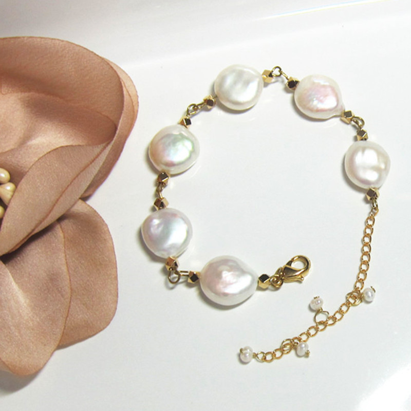 新品鱼家天然巴洛克珍珠纽扣手链优雅气质特制手链