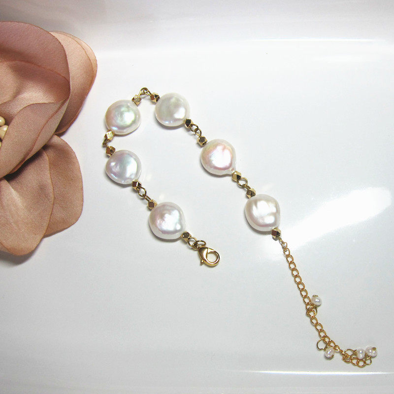 新品鱼家天然巴洛克珍珠纽扣手链优雅气质特制手链