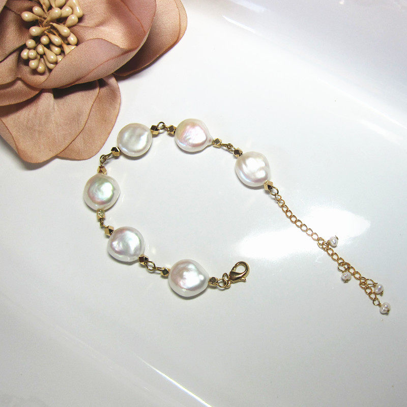 新品鱼家天然巴洛克珍珠纽扣手链优雅气质特制手链