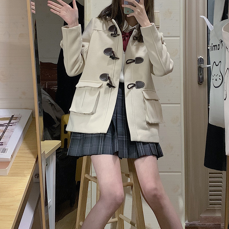 【啦啦酱jk】原创牛角扣大衣 基础款jk制服外套 薄呢子连帽大衣春
