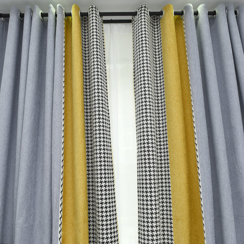 新款千鸟格灰色拼色简约现代卧室书房客厅隔音定制窗帘