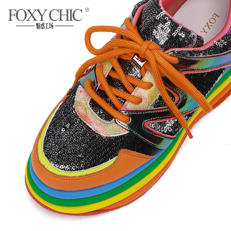 foxychic彩虹厚底老爹鞋女真皮2022新款亮片时尚休闲鞋