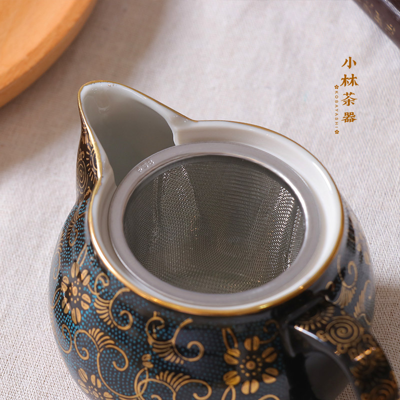 日本进口九谷烧过滤泡茶茶壶陶宝作青粒铁仙后手茶壶