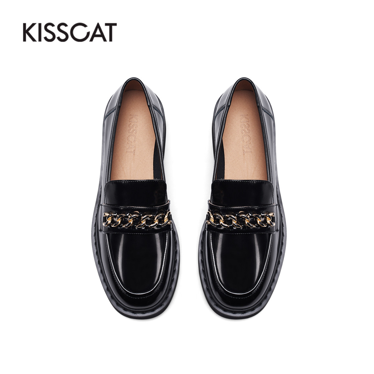 接吻猫2022春季新款英伦学院风小皮鞋复古链条乐福鞋豆豆鞋