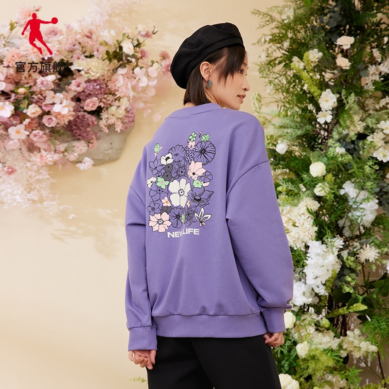 正品 花花世界乔丹运动卫衣女春季新款圆领宽松休闲女士印花小众
