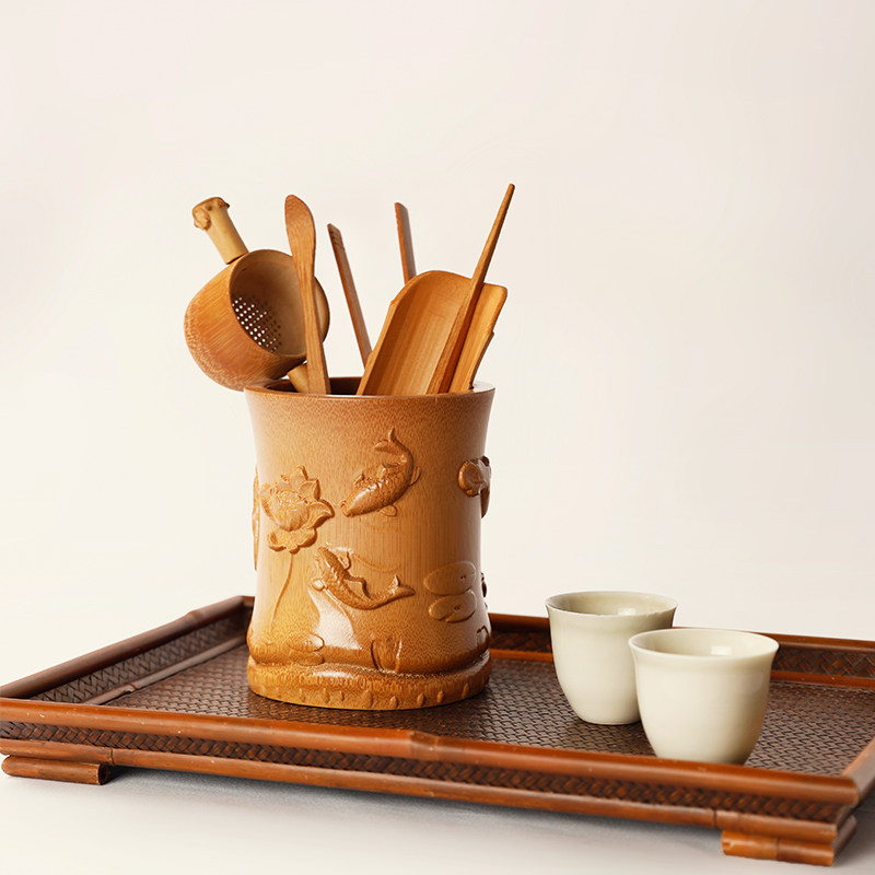 竹雕茶筒单个竹制茶桶茶道六君子家用实木套装茶道