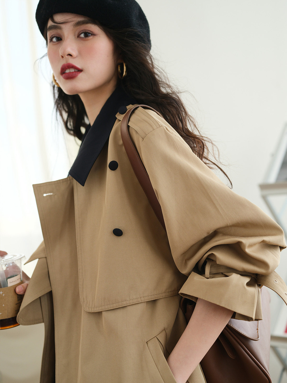 ronron撞色领收腰短风衣2022新款秋装小个子短款风衣