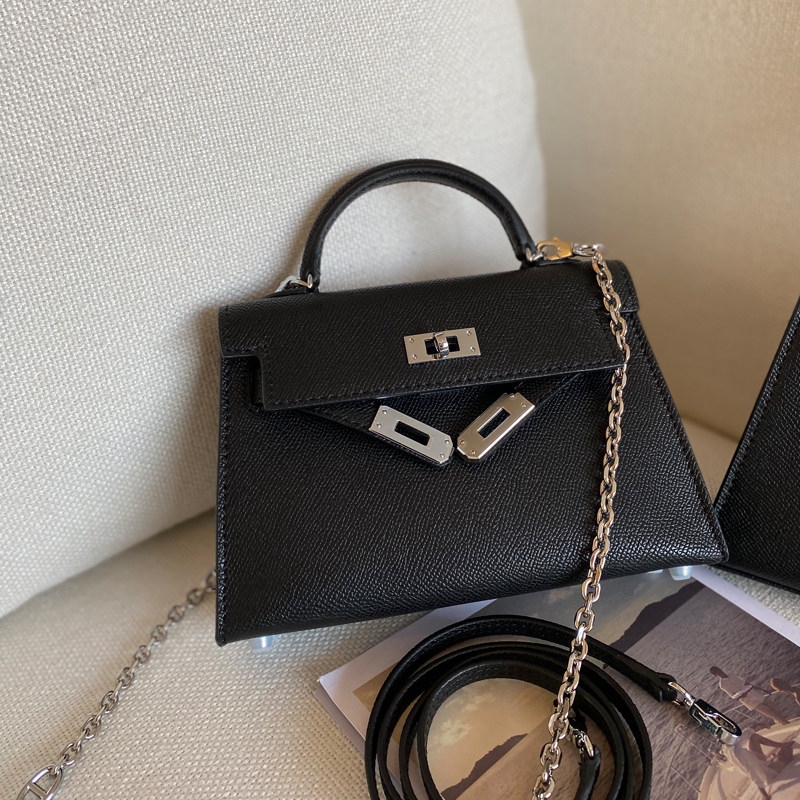 yixxi定制黑色凯莉包二代mini银扣单肩斜跨百搭女士包袋