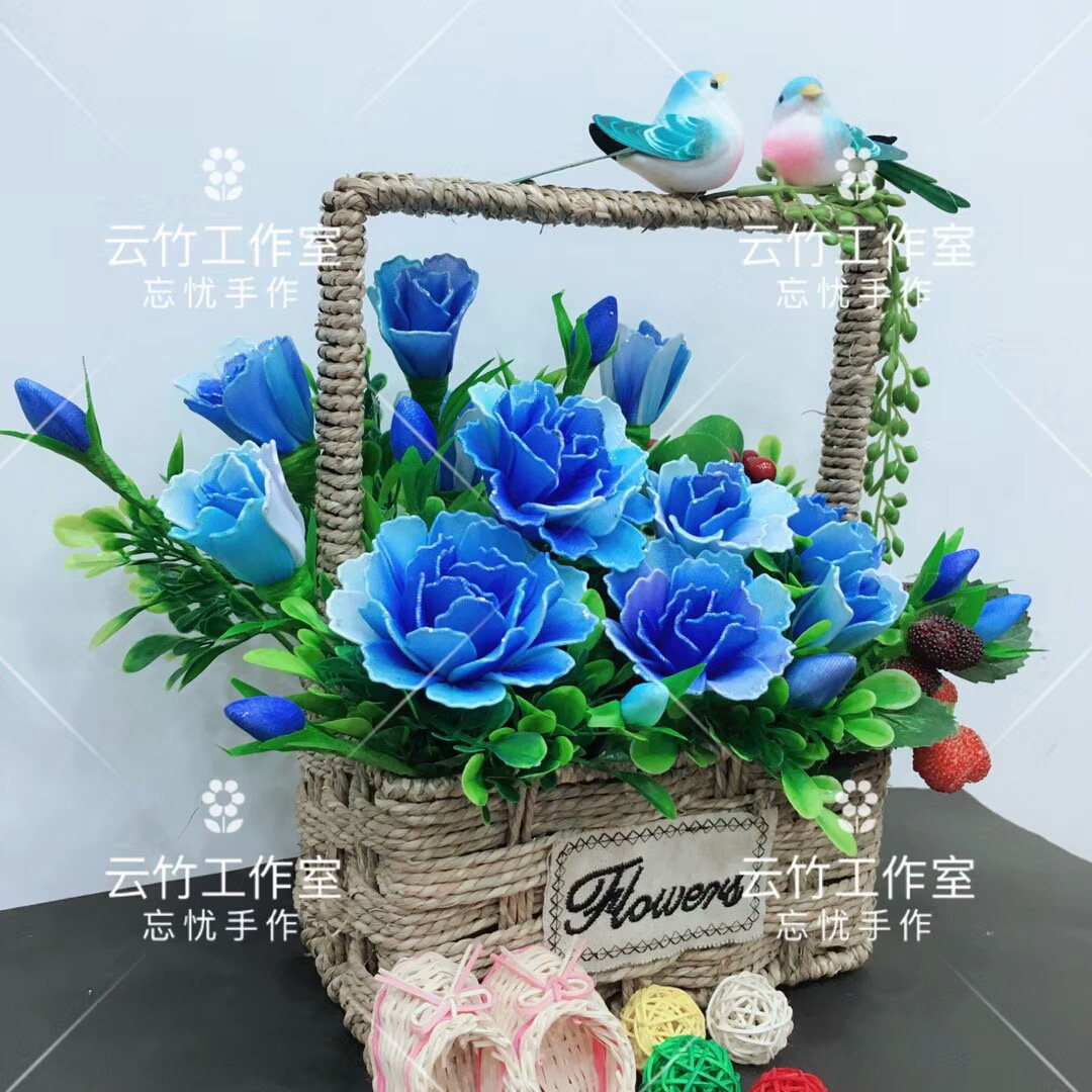 淘花缘丝网花材料包包邮丝袜花材料套装材料蓝色康乃馨花篮材料包