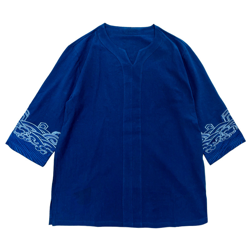 海水江崖纹无梦梦记中国国风男夏袖口刺绣亚麻t恤