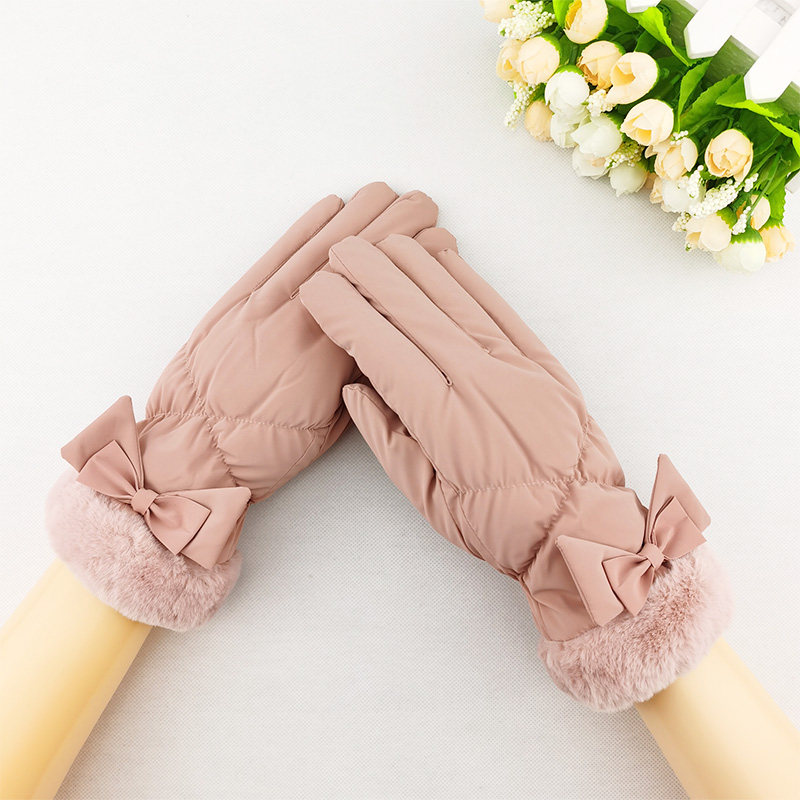 山楂树手套女式冬季加绒加厚粉色韩版可爱显瘦手套
