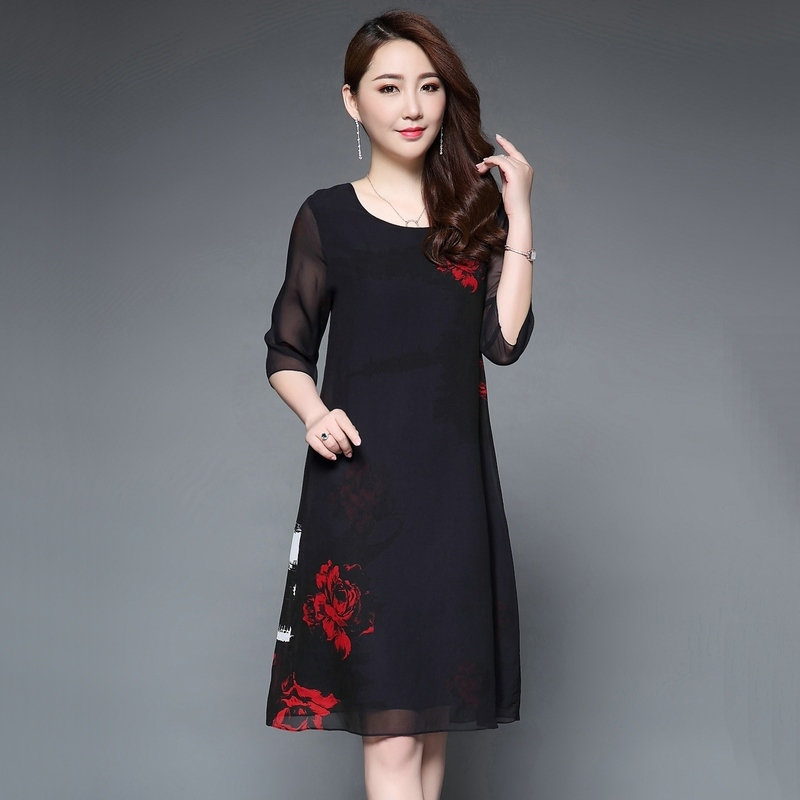 落花妈妈女装大码宽松印花清仓花丝夏清仓2020连衣裙