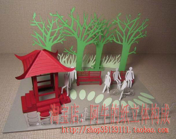 中国元素立体建筑景物景色纸模型纸艺构成作业教师基本功素材图纸