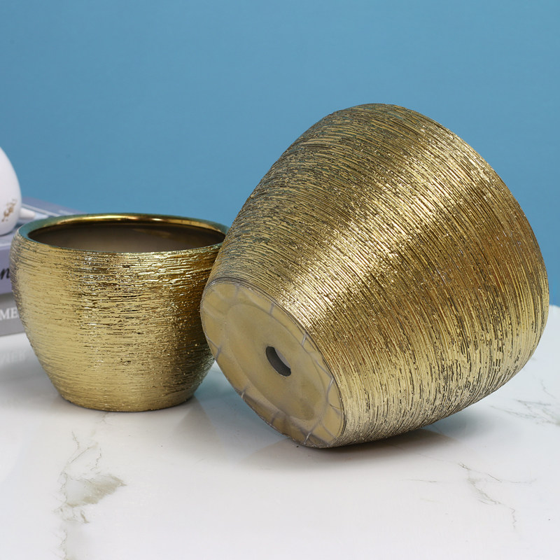 花盆拉丝金色电镀金属圆形轻奢陶瓷摆件装饰品花盆