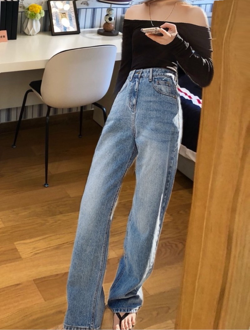 花花家牛仔阔腿老爹喇叭裤春装2021款女高高腰直筒牛仔裤