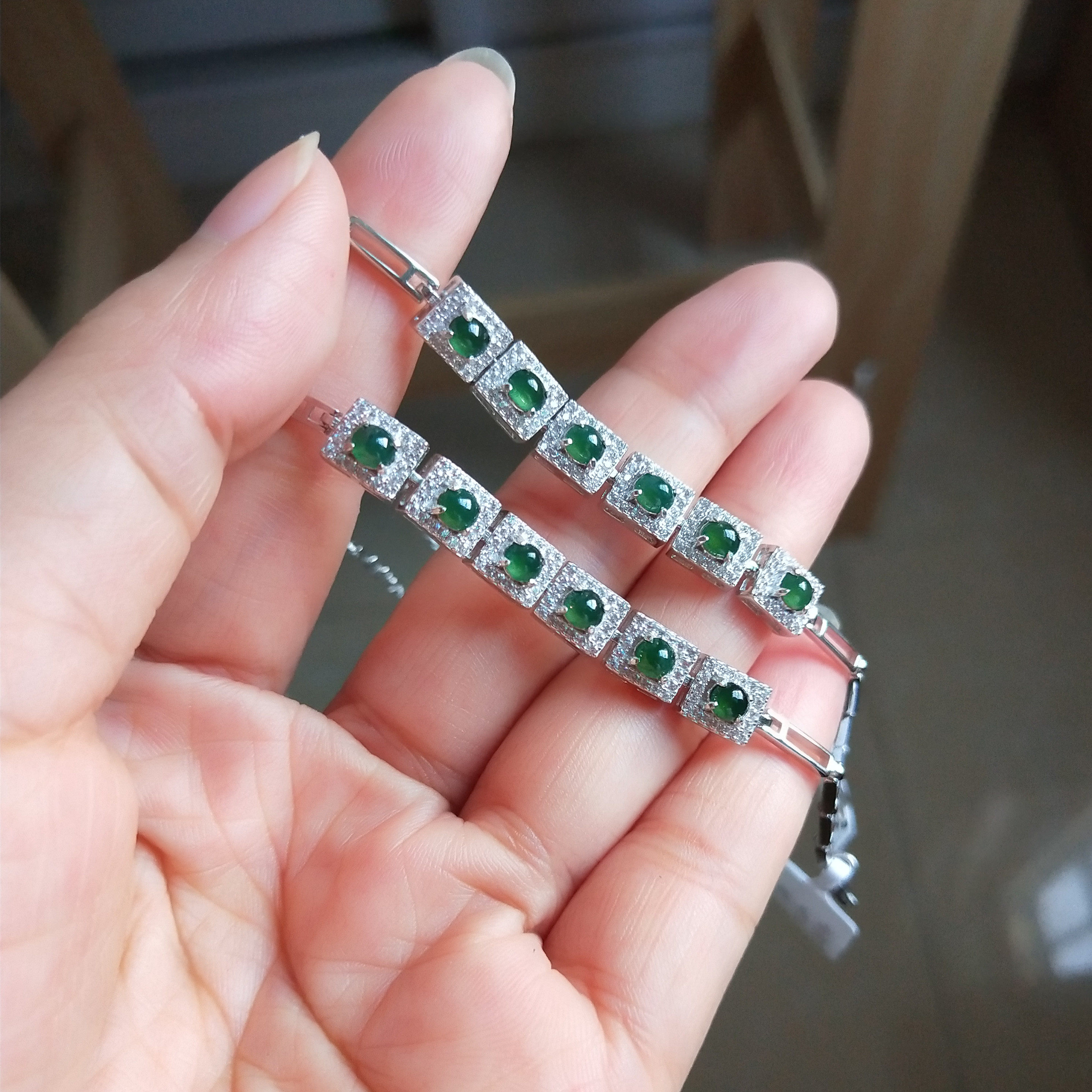 缅甸天然翡翠s925纯银豪镶冰蓝蓝水玉石手链精致手饰