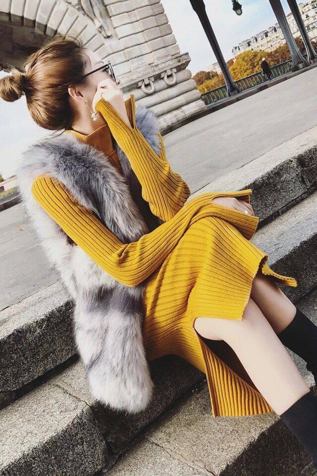 chic早秋高领原宿毛衣外套连衣裙女中长款纯色针织秋冬款一步裙潮