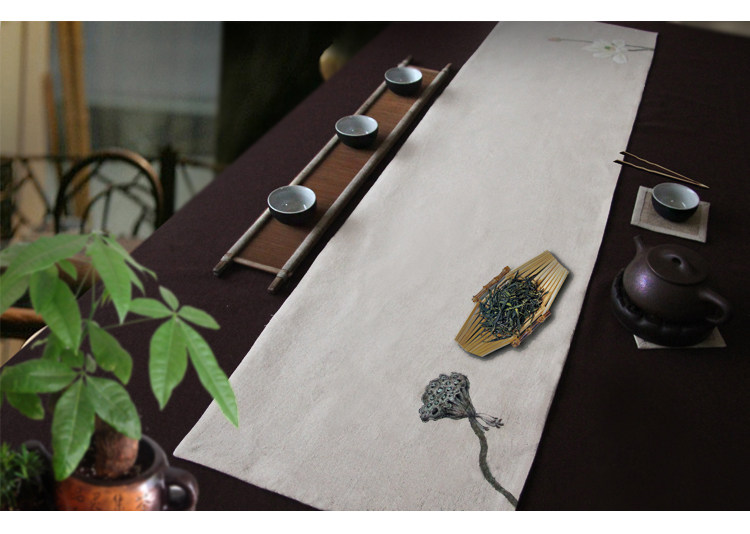 中式式禅意手绘茶席桌旗中国风棉麻亚麻茶巾茶桌茶道