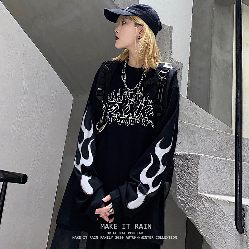 韩版ins原宿街头火焰袖子字母印花上衣bf宽松长袖T恤男女潮流日旭