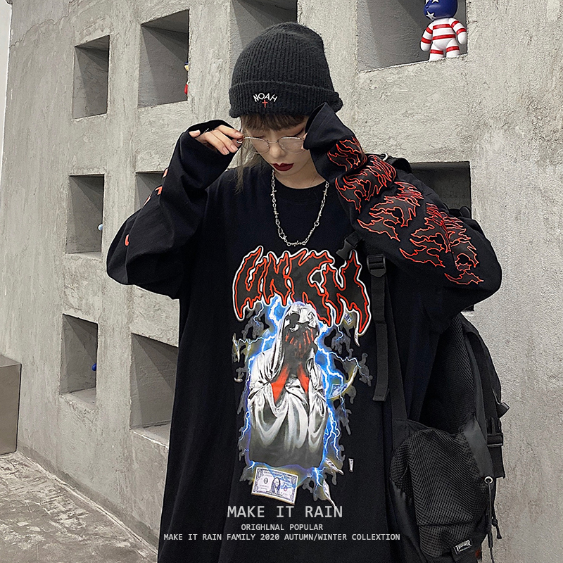 暗黑高街霹雳闪电恶魔印花百搭圆领休闲男女长袖T恤嘻哈风hiphop