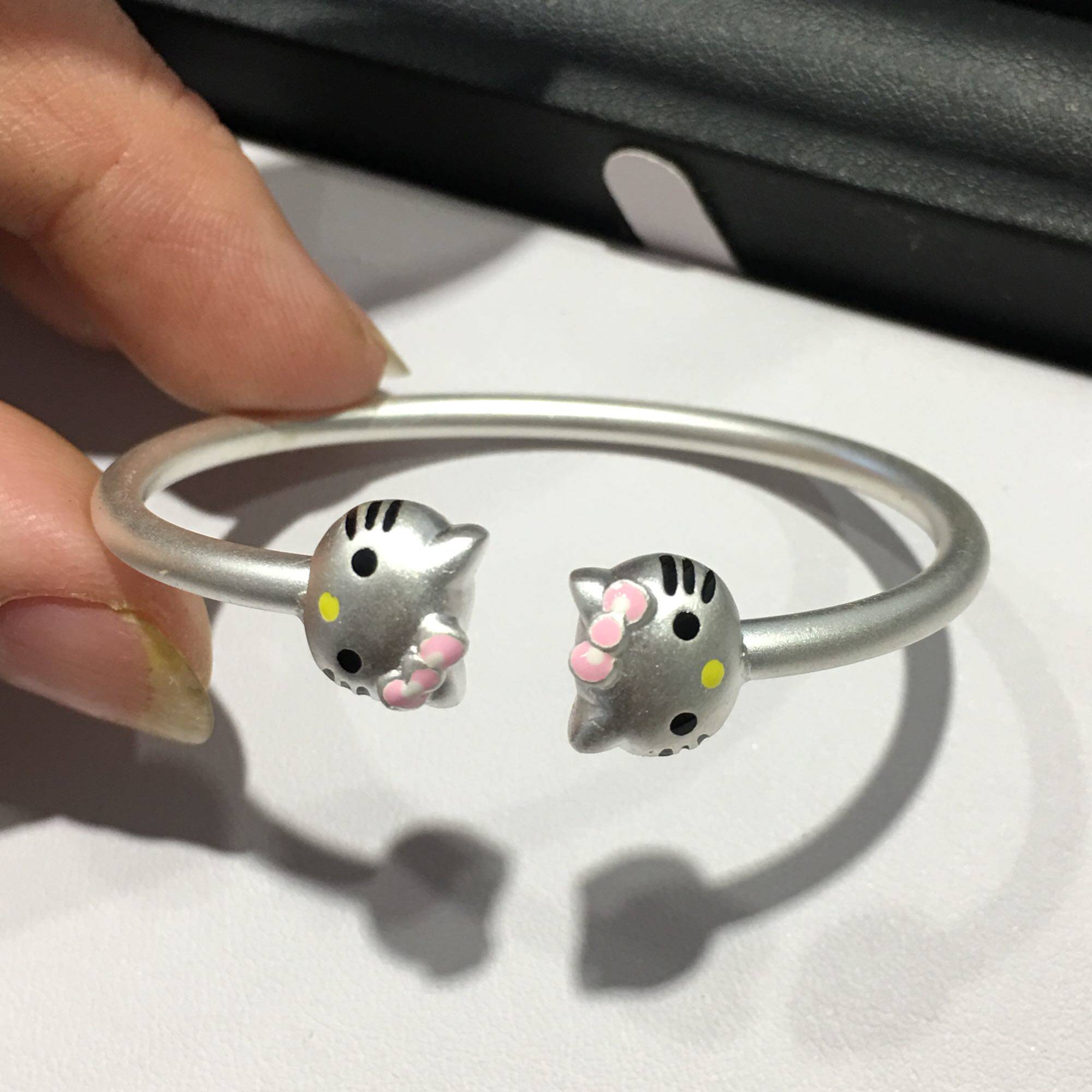 s99足银手镯卡通少女kiti猫银粉色蝴蝶结凯特猫手镯