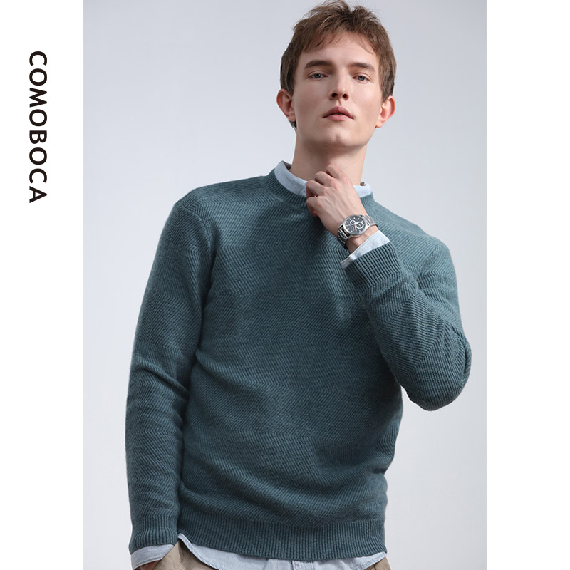 科蒙博卡秋冬男士商务休闲圆领羊绒衫百搭套头毛衣宽松针织衫