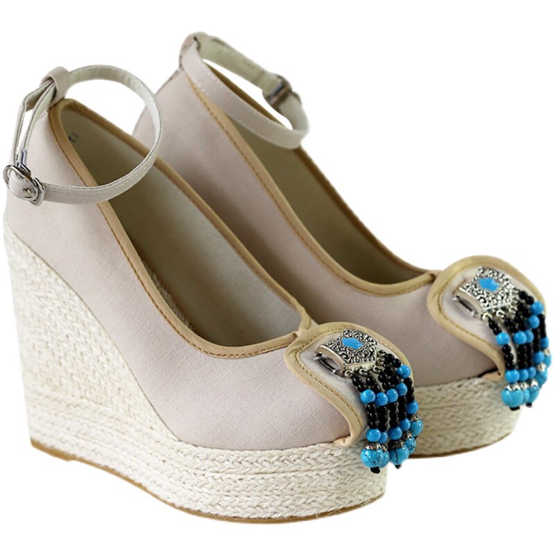 七彩民风手工12cm超高高跟布鞋浅色单鞋坡民族风布鞋