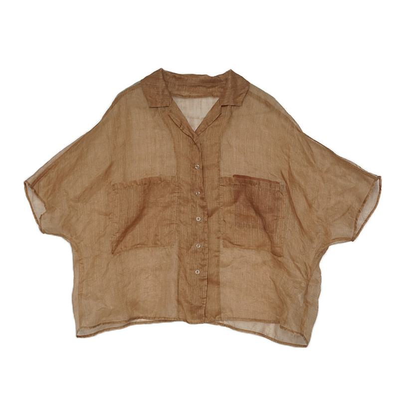 壹旧原著夏款茶色丝麻乔其复古翻领衬衫