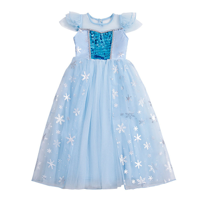 夏季女童连衣裙冰雪风ins蓝色公主裙儿童裙子网纱裙长款雪花爱莎